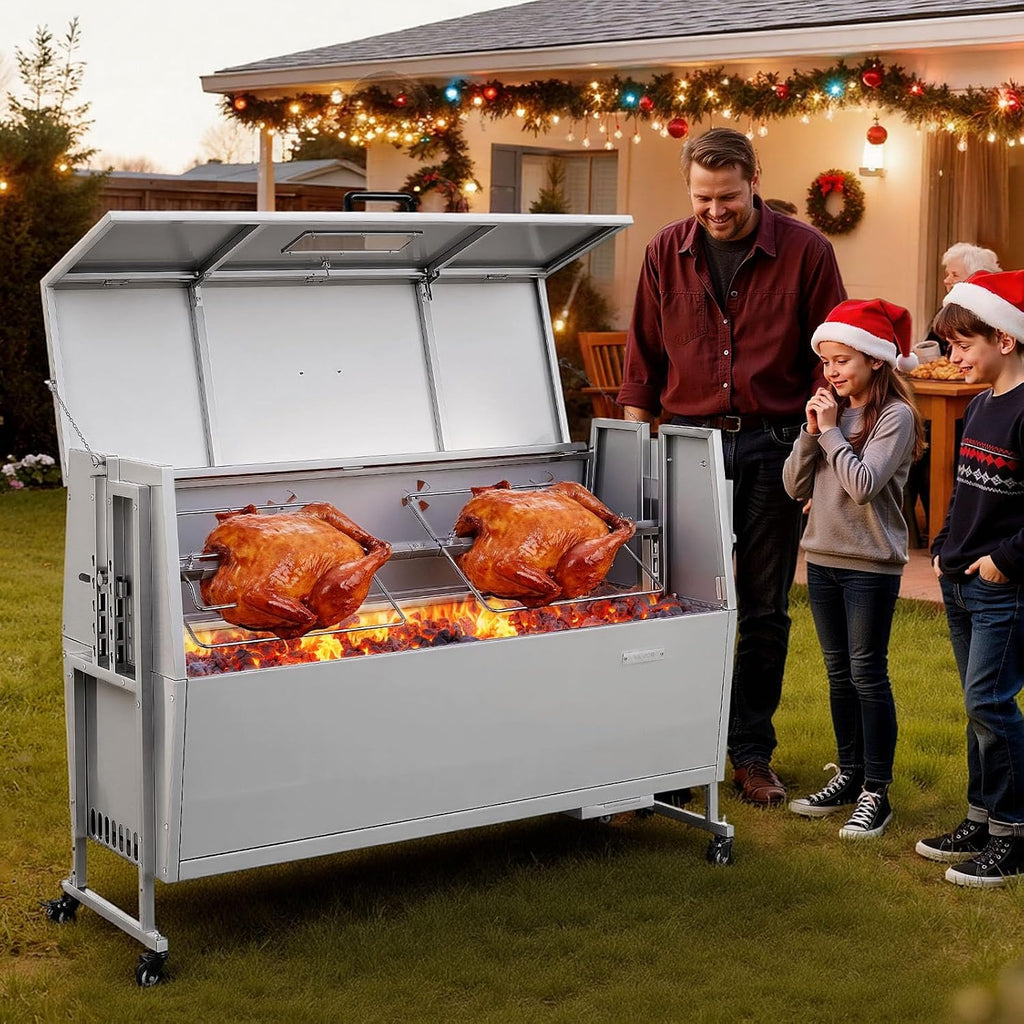 VEVOR Rotisserie Grill, 52in BBQ Outdoor Pig & Lamb Spit Roaster, Charcoal Spit Roaster with 132 LBS Capacity, Wheels, 4-Level Height, Stainless Steel Electric Rotisserie Grill Kit for Camping Outdoor