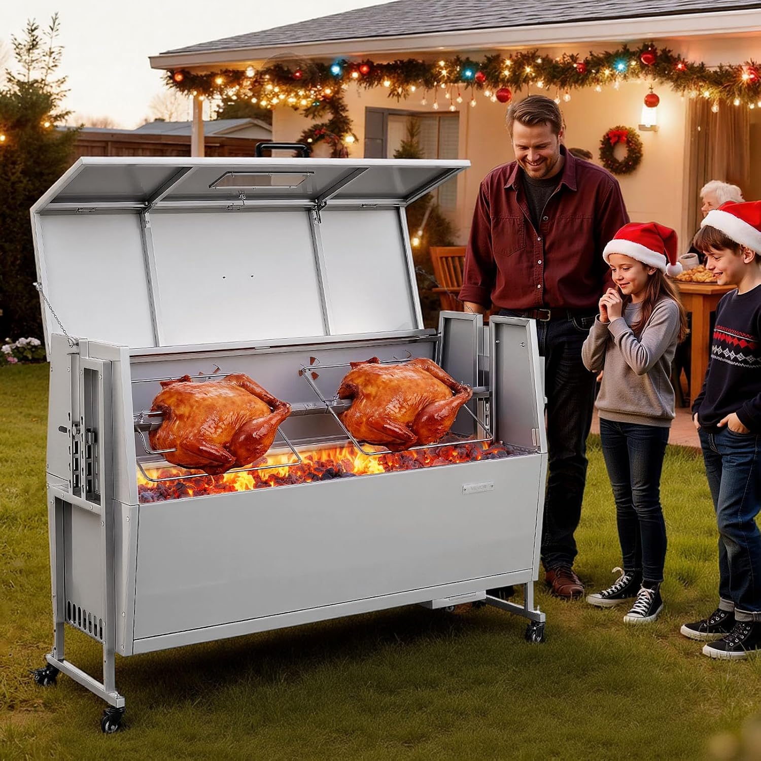 VEVOR Rotisserie Grill, 52in BBQ Outdoor Pig & Lamb Spit Roaster, Charcoal Spit Roaster with 132 LBS Capacity, Wheels, 4-Level Height, Stainless Steel Electric Rotisserie Grill Kit for Camping Outdoor