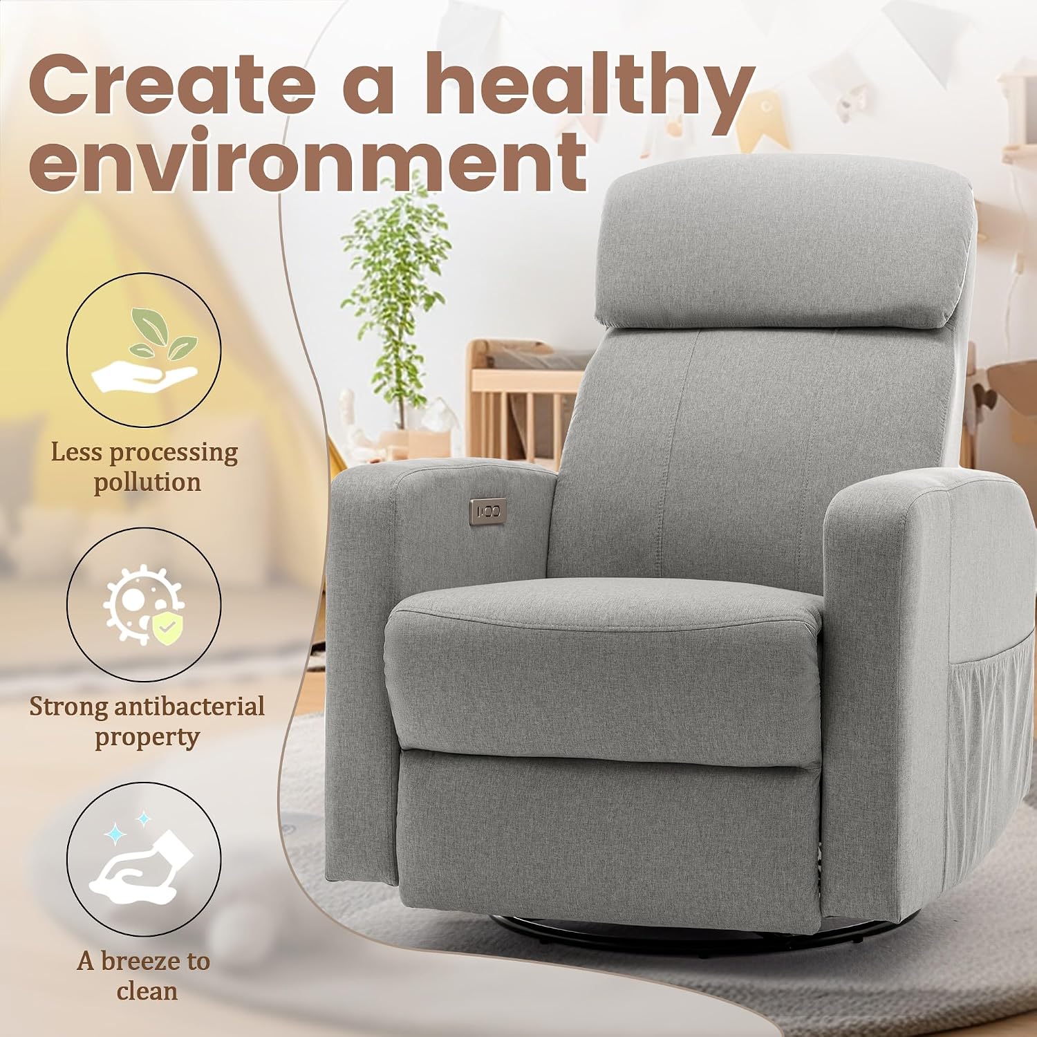 Korser Power Swivel Recliner Chairs for Adults, Electric Glider Rocking Chair Nursery, Glider Recliner Nursery Chair with Classified Side Pocket, Nursery Rocking Chairs with USB and Type-C Ports