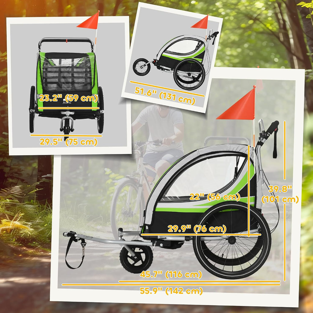 Aosom 3-in-1 Walk/Jog/Ride Child Baby Bike Trailer for Kids 2 Seater, High-Visibility Bike Stroller for Toddler Wagon, Weather-Strong Double Bicycle Trailer Accessory