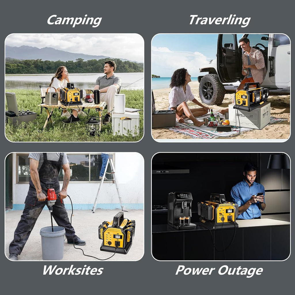 Adisipsoarin 1200W Power Inverter & 6A Rapid Charger for DeWalt 20V Battery – 6-Port DC to AC 120V Converter, 3 USB-A + 3 USB-C, 300lm LED Light for Camping, Travel, Emergencies(Battery not Included)