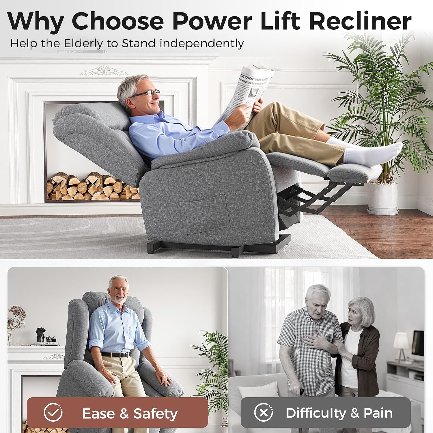 Amopatio Power Lift Recliner Chairs for Elderly Upgraded Living Room Reclining Chairs Indoor Lounge Chairs Single Sofa with Side Pockets and Remote Control for Bedroom
