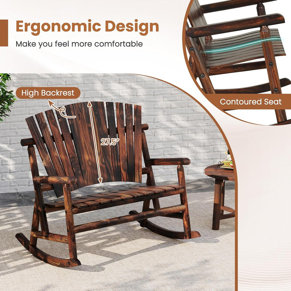 Tangkula 2-Person Wood Outdoor Rocking Chair, Outside Adirondack Rocker with High Back and Slatted Seat, Oversized Porch Rocking Chair for Balcony, Garden, Backyard, Patio