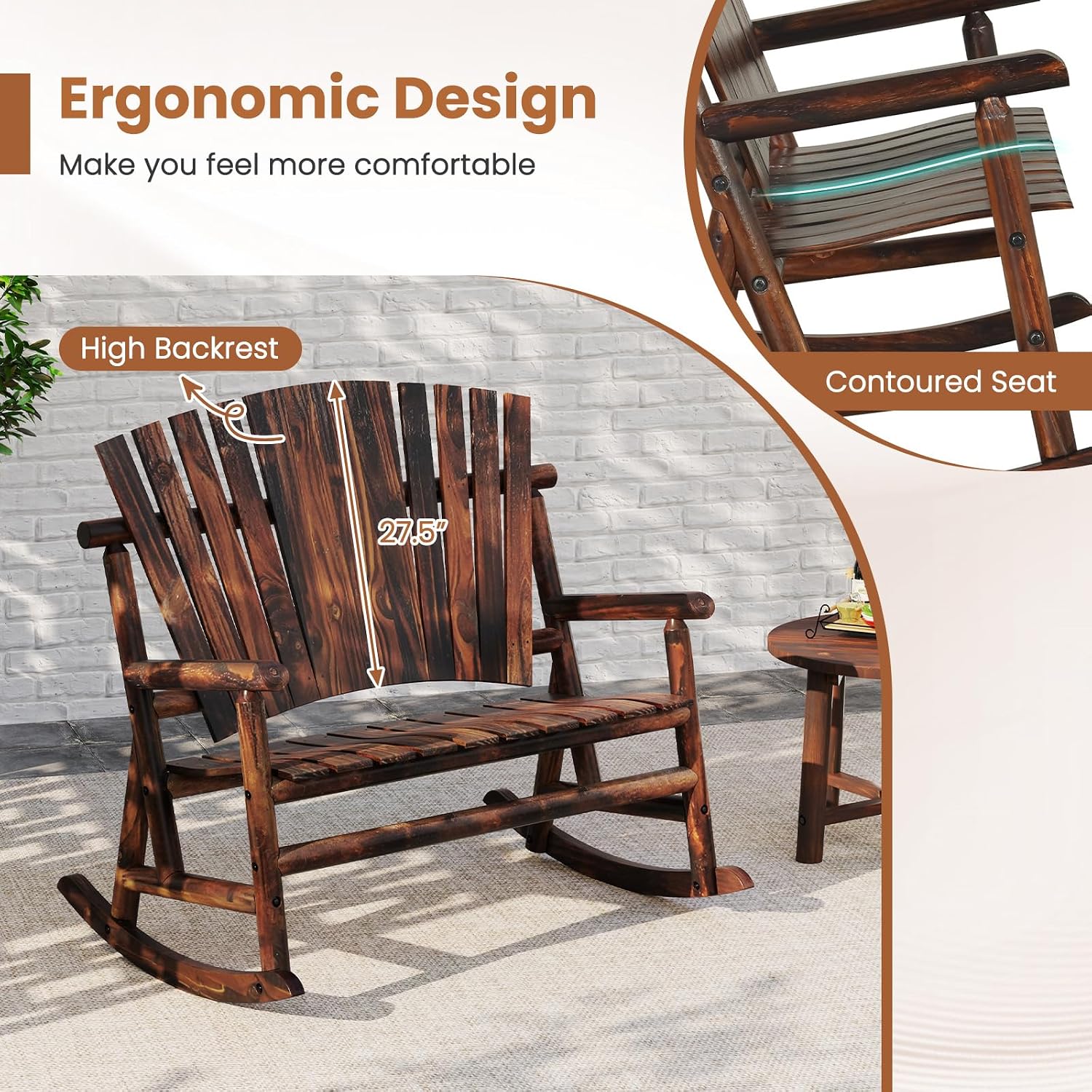 Tangkula 2-Person Wood Outdoor Rocking Chair, Outside Adirondack Rocker with High Back and Slatted Seat, Oversized Porch Rocking Chair for Balcony, Garden, Backyard, Patio
