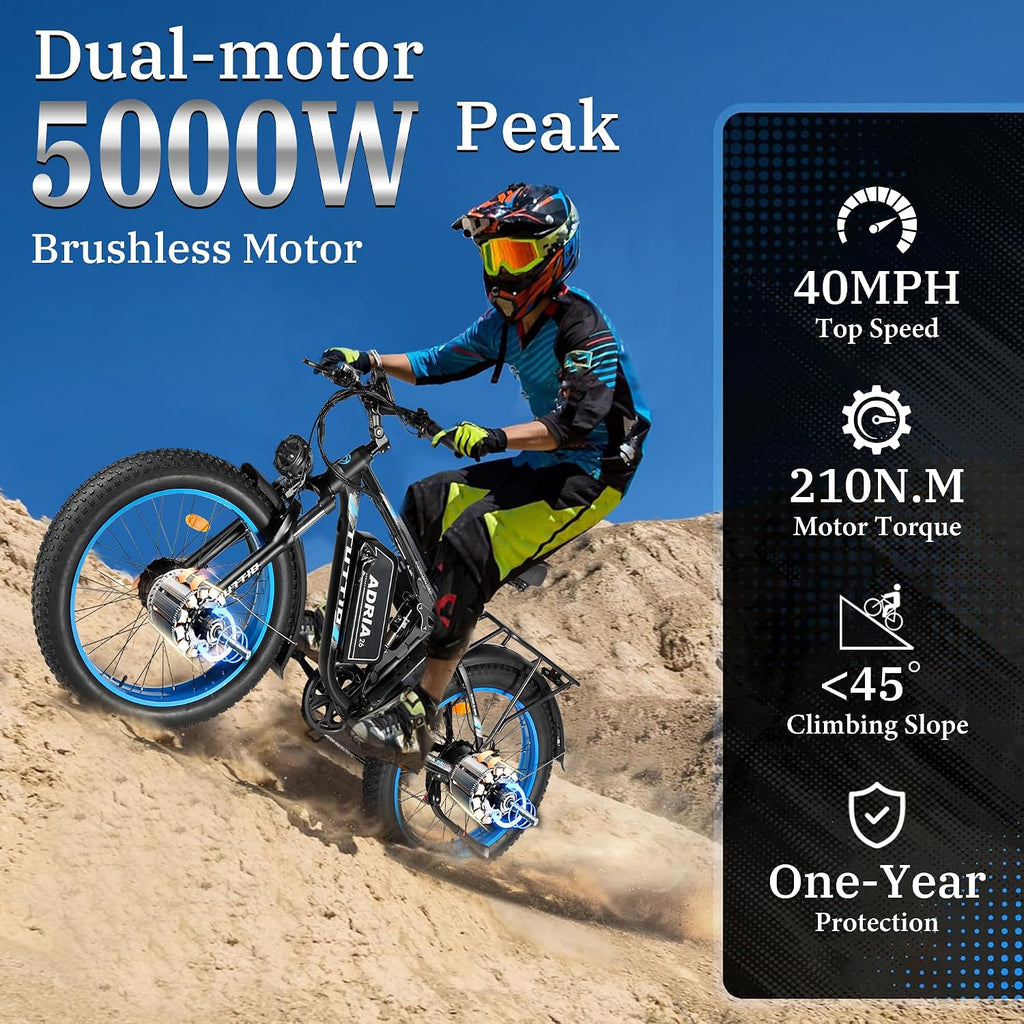 TUTTIO Adria26 5000W/6000W Dual Motor Ebike, 40-46MPH Electric Bike for Adults, 26' x 4' Fat Tire Electric Mountain Bike, 52V 25AH E-Bike Full Suspension Electric Dirt Bike for Off-Road Hunting