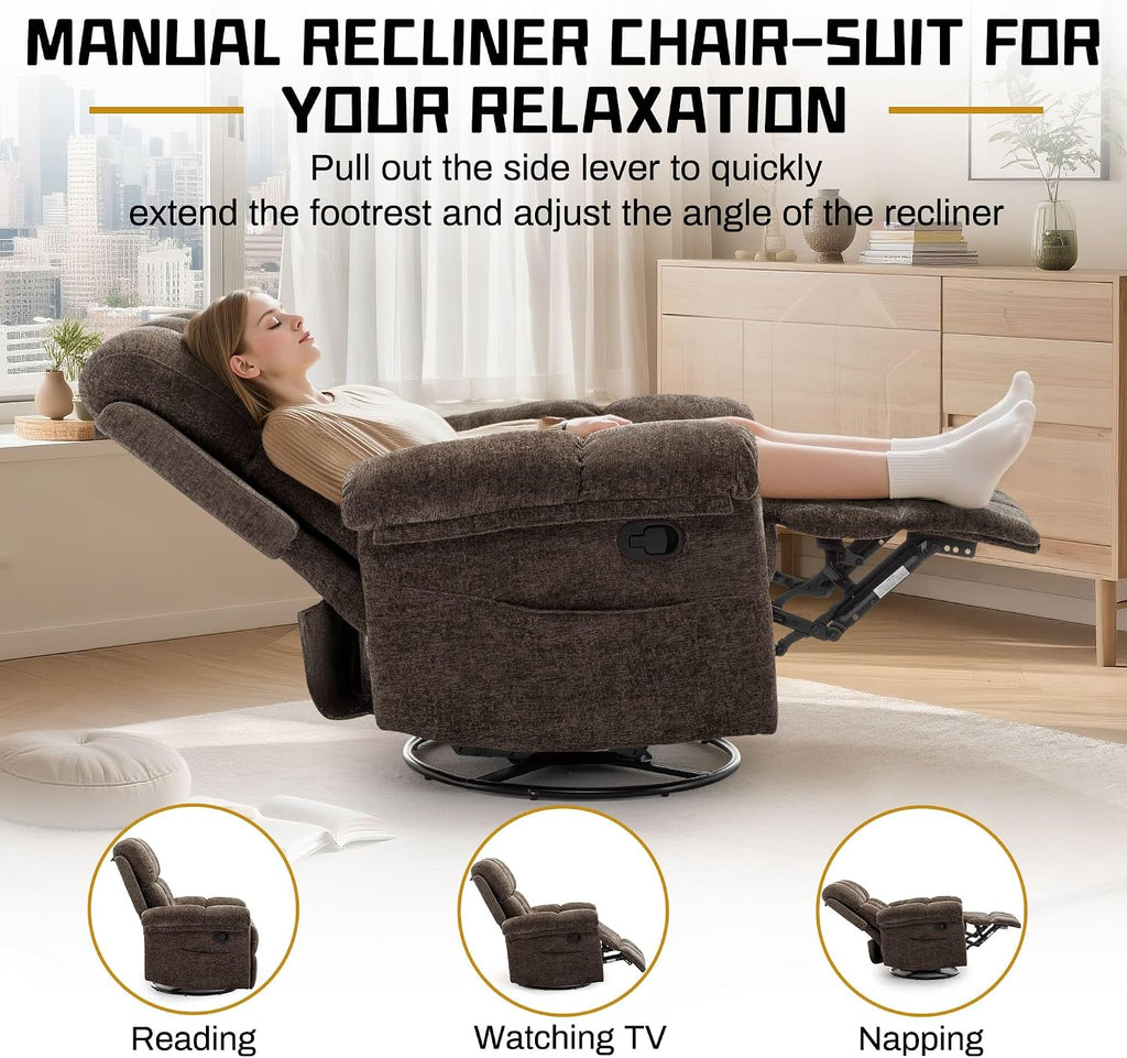 Korser Recliner Chair, Swivel Rocker Recliner Chair for Adults, Small Recliners for Small Spaces, Upholstered Manual Recliner with Side Pockets, Nursery Rocking Chair for Living Room, Chenille, Brown