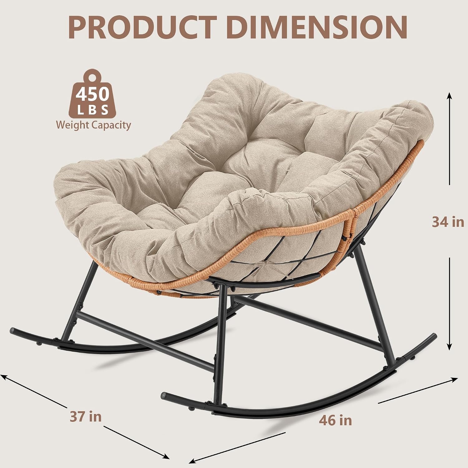 Youtanic Outdoor Rocking Chair, Oversized Papasan Reading Chair Indoor with Thick Cushion, Comfy Rattan Rocker Egg Chair for Patio, Garden, Balcony, Lawn, Backyard, Bedroom, up to 450lbs, Beige