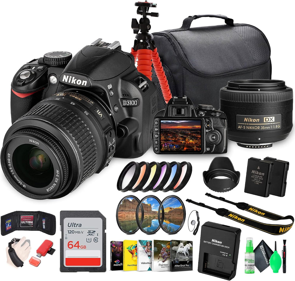 Nikon D3100 DSLR Camera Kit with 18-55mm VR Lens – Beginner-Friendly & Compact (25472) + Photography Software + Camera Bag + 64GB Memory Card + Flexible Tripod + Cleaning Kit + Hand Strap + More