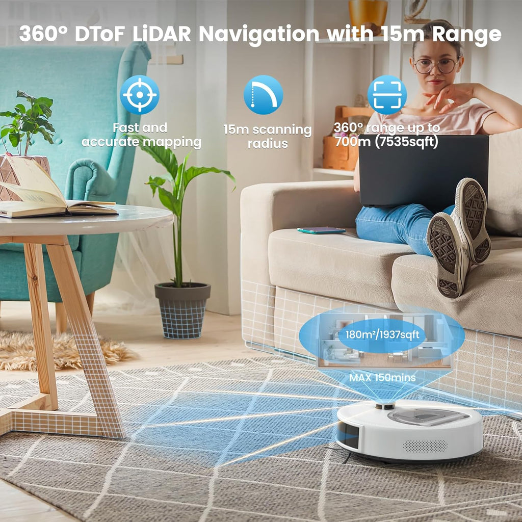 OKP Lidar Robot Vacuum and Mop Combo, 6000Pa Automatic Robotic Vacuum, Smart Mapping, 3.7 inch Thin, 150 Min Max, 5G WiFi/App/Alexa Control, Ideal for Pet Hair, Hardfloors, Carpets, Home(L6 Aqua)