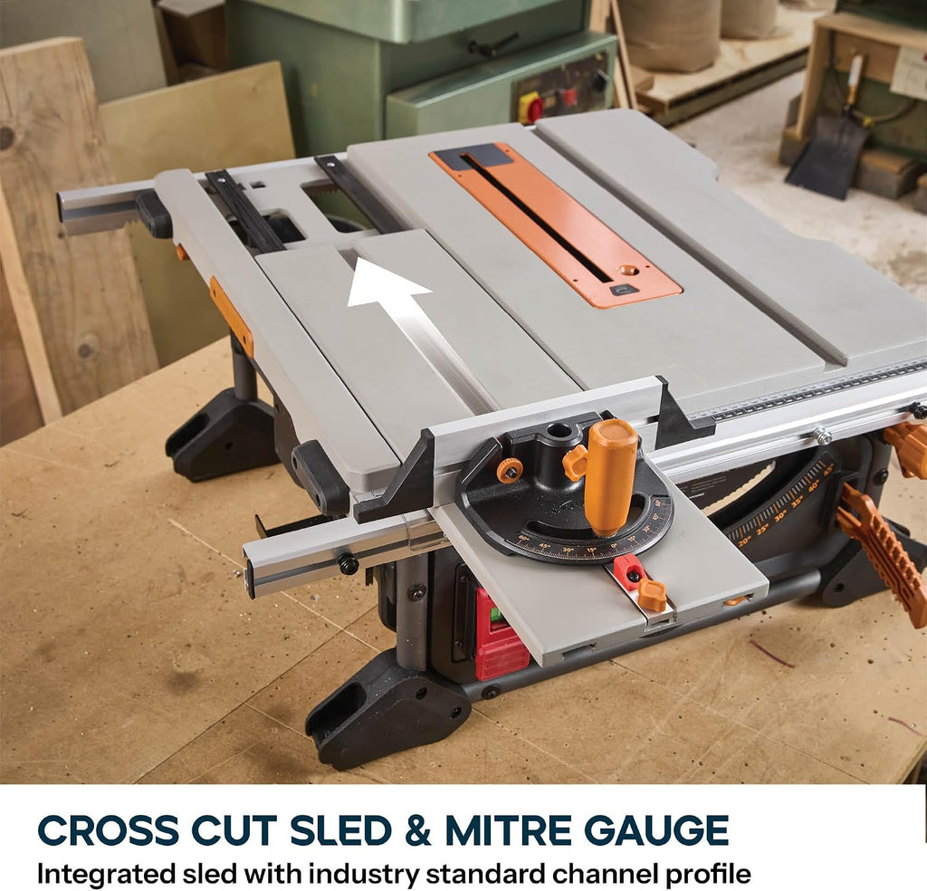 Evolution R10TS 10' Jobsite Table Saw | Zero-Clearance Throat Plate | Dado Plate Included | 15A Motor | 26' Rip | 3-3/8' Cut | 0-45° Bevel | Precision Fence | Heavy Duty Portable Woodworking Saw