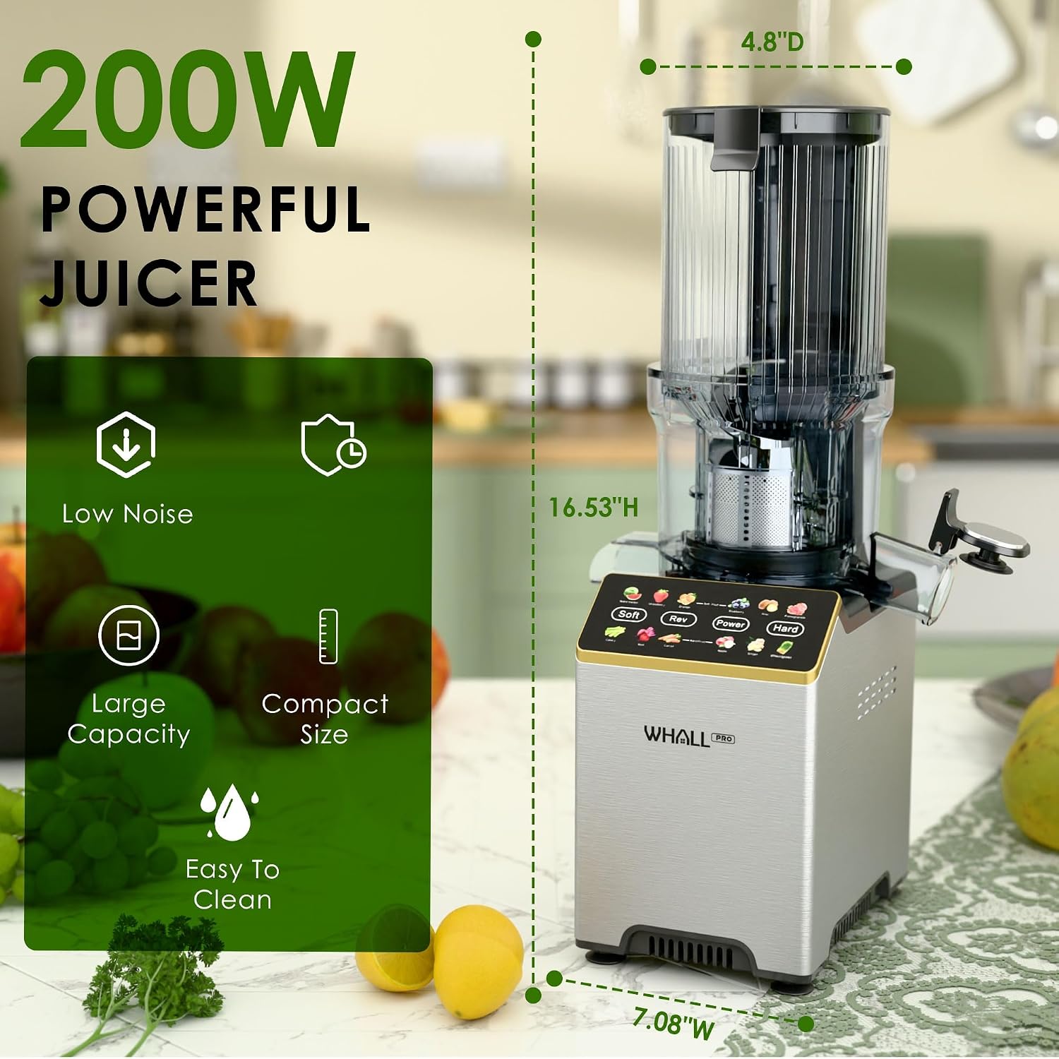 Slow Masticating Juicer machines, Touch Control Cold Press Juicer with Wide Feed Chute, Juicer Easy to Clean for Whole Vegetables Fruits, Ergonomic Operational Panel, High Juice Yield, Steel