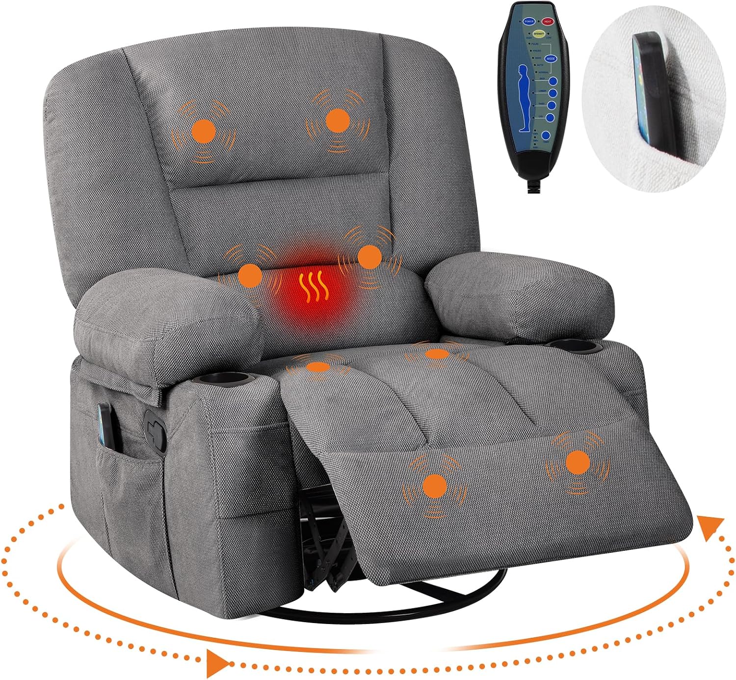Massage Rocking Recliner Chair with Vibration and Heat, 360° Swivel Chenille Rocker Chairs for Living Room, Home Theater Seating with Cup Holders & Side Pocket for Adults, Living Room, Bedroom, Grey