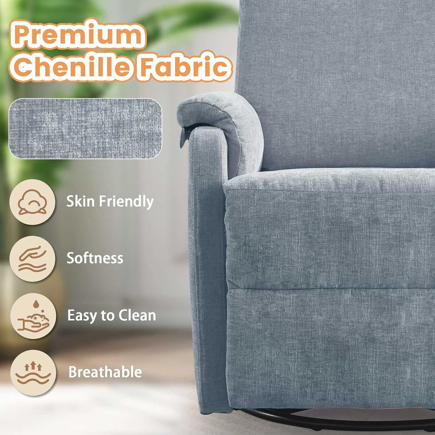 Korser Swivel Rocking Recliner with Massage, Small Glider Chair for Nursery, Modern-Designed Armrests Chair for Adults Living Room, Chenille, Blue