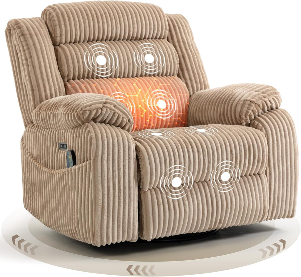 SINCRUMI Power Swivel Rocker Recliner Chair for Adults with Vibration and Heat, USB and Type-C Charging Port, Infinite Position, Electric Glider Rocking Chairs for Living Room, Nursery, Light Camel