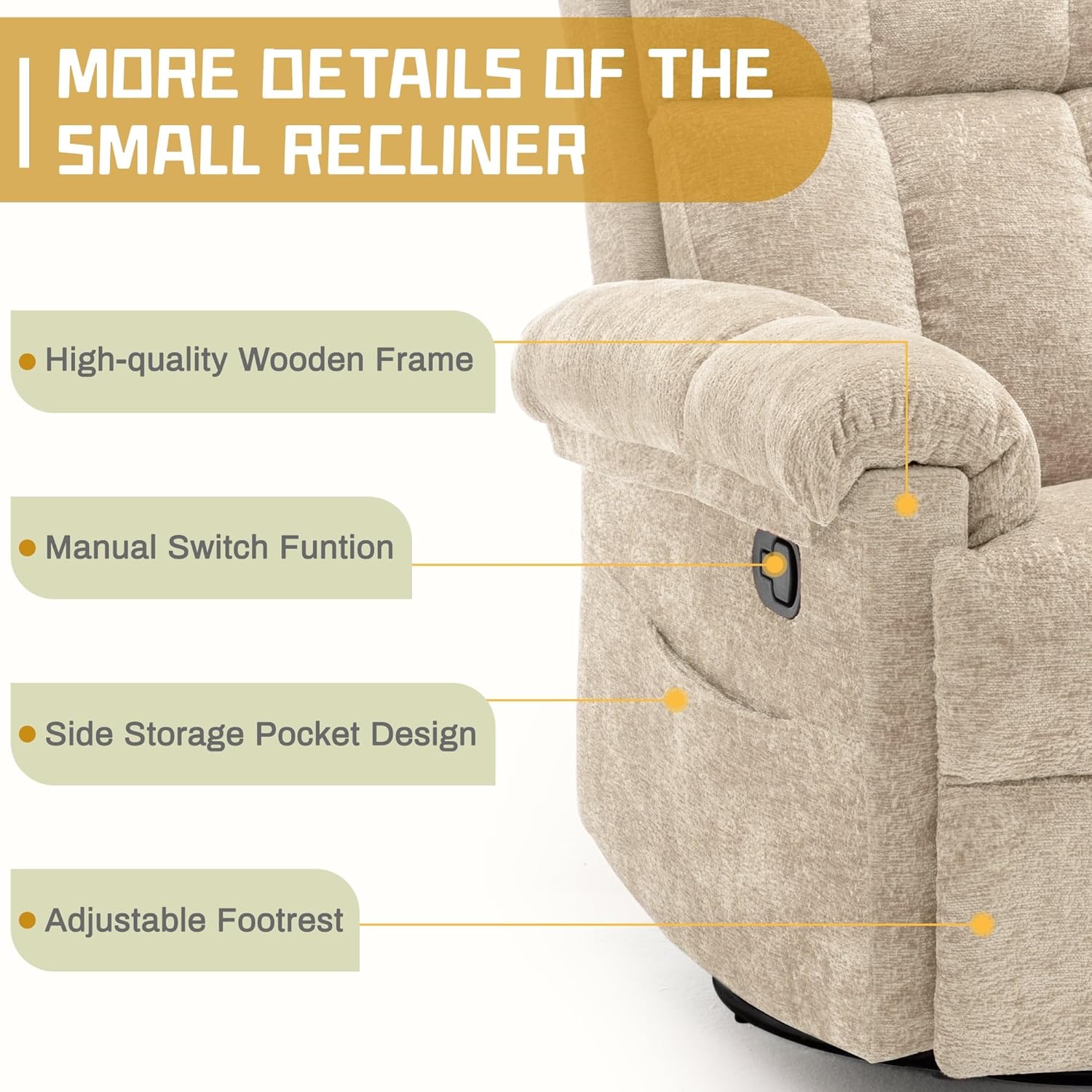 Korser Recliner Chair, Small Rocker Recliner Chair for Adults, Swivel Recliners for Small Spaces, Manual Recliner, Upholstered Nursery Rocking Chair for Living Room, Chenille, Khaki