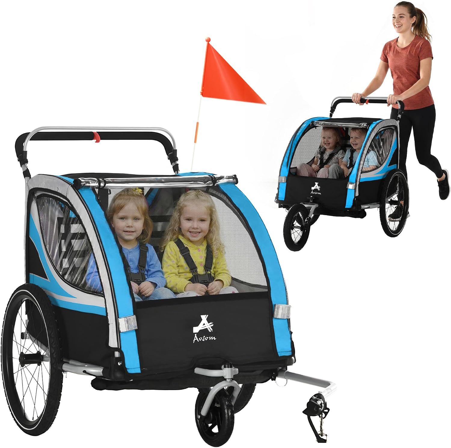 Aosom 3-in-1 Walk/Jog/Ride Child Baby Bike Trailer for Kids 2 Seater, High-Visibility Bike Stroller for Toddler Wagon, Weather-Strong Double Bicycle Trailer Accessory