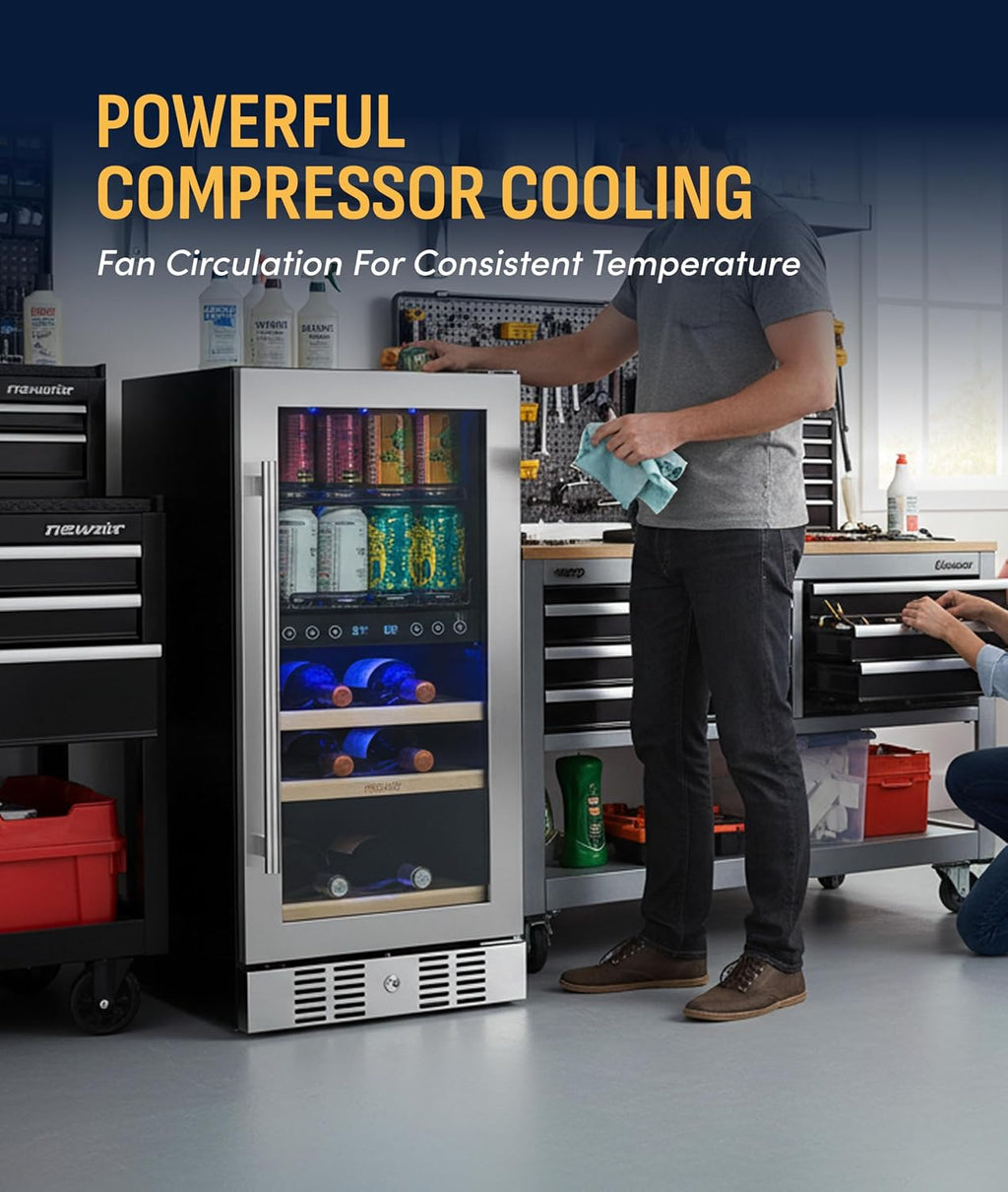 NewAir 15' Dual Zone Beverage Refrigerator & Wine Cooler for 9 Bottles & 48 Cans | Freestanding or Built-In Under Counter Mini Fridge for Beer, Wine and Soda | Stainless Steel