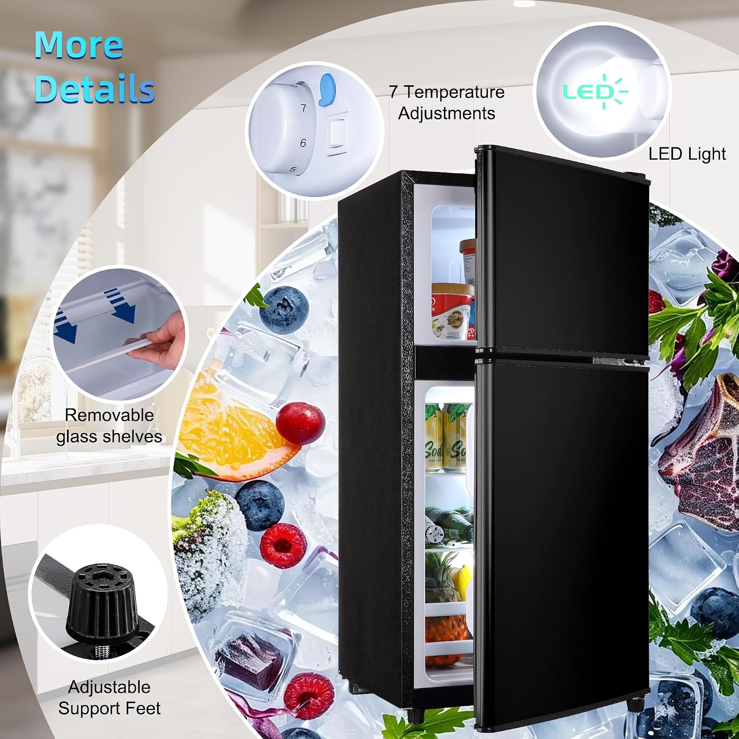 Dorm Fridge with Freezer, Small Refrigerator 3.45 Cu. Ft. with Freezer for Apartment, 7-Level Temperature Adjustable Apartment Size Fridge for Kichen, College, Office, Black