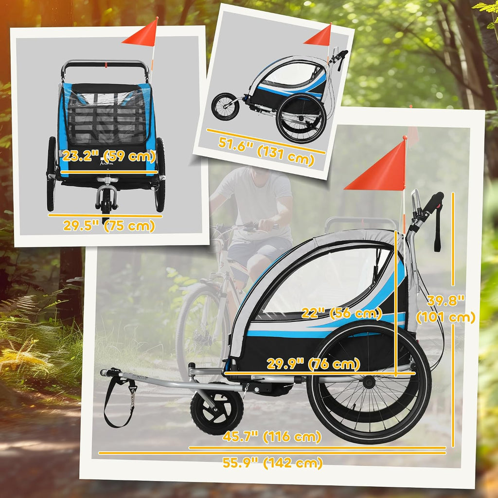 Aosom 3-in-1 Walk/Jog/Ride Child Baby Bike Trailer for Kids 2 Seater, High-Visibility Bike Stroller for Toddler Wagon, Weather-Strong Double Bicycle Trailer Accessory