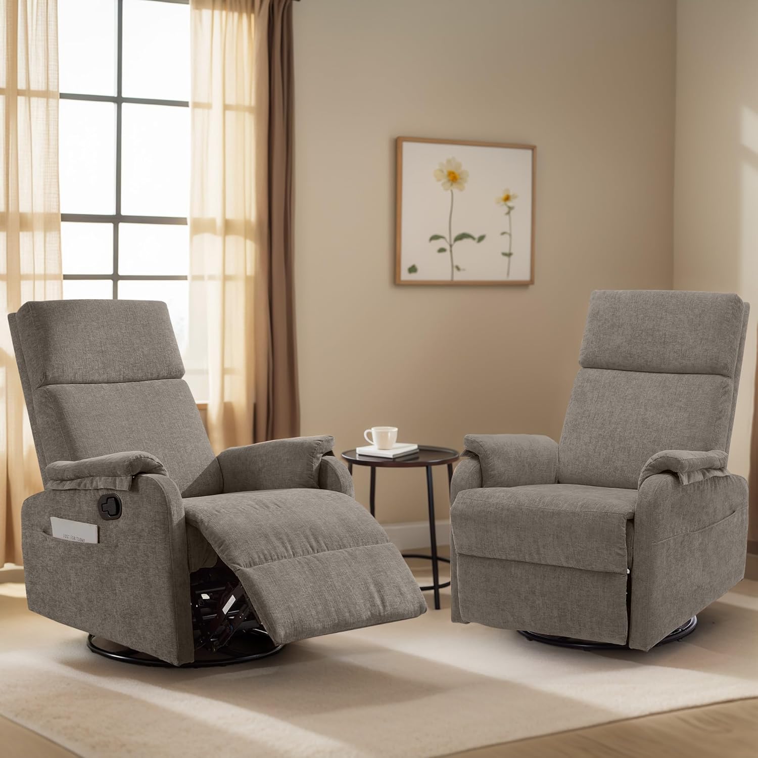 Korser Recliner Chair, Swivel Rocking Recliner Chair for Adults, Glider Rocking Chair, Small Nursery Chair Recliner for Living Room, Reclining Chair with Modern-Designed Armrests, Chenille, Brown