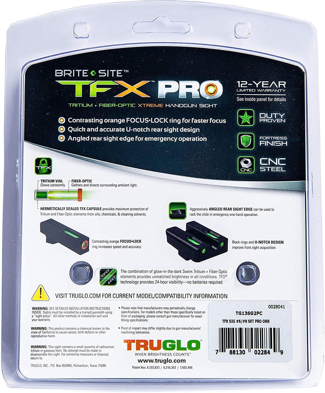 Truglo TFX PRO Handgun Sight, Glowing Shock Proof Tritium and Fiber Optic Night Sight for Handguns, Compact, Durable, and Snag Free Sight