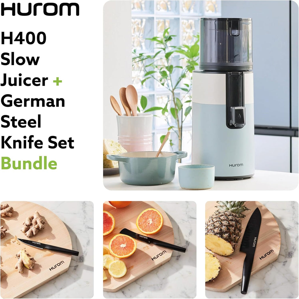 Hurom Two-Tone Blue H400 Award Winning Cold Press Juicer Machine with German Steel Knife Set, Strainer & Hands Free with Self-Feeding Hopper, Corrosion-Resistant Blades, Easy Assembly (550ml/ 18.6oz)