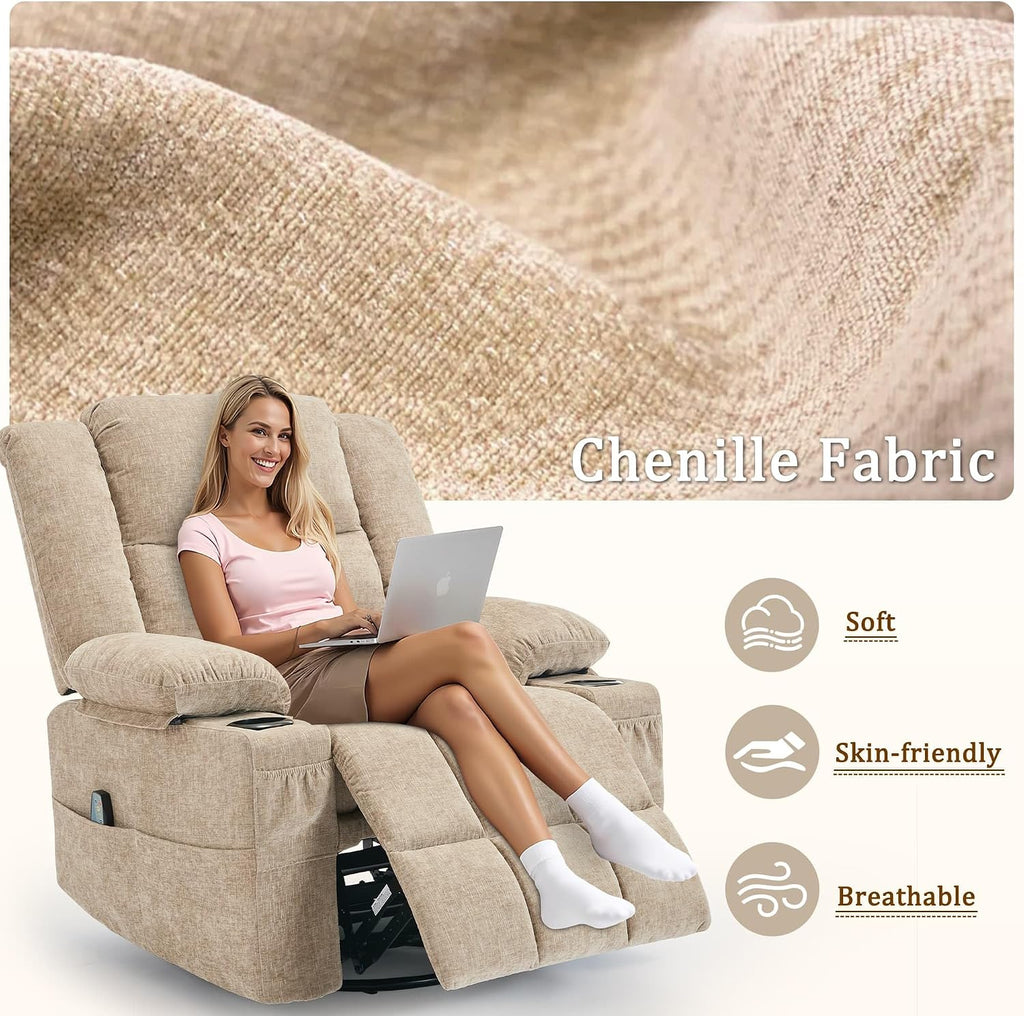 Korser 360° Swivel Rocker Recliner for Adults, Nursery Glider Recliner with Massage and Heating, Rocking Chair with Cup Holder, Manual Recliner Chair for Living Room, Bedroom (Fabric, Khaki)