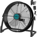 16' Battery Operated Floor Fan Compatible with Makita 18V Battery, Portable Fan with AC Adapter and USB Output, Metal Industrial High Velocity, Stepless Speed Cordless Fan for Jobsite Garage Camping