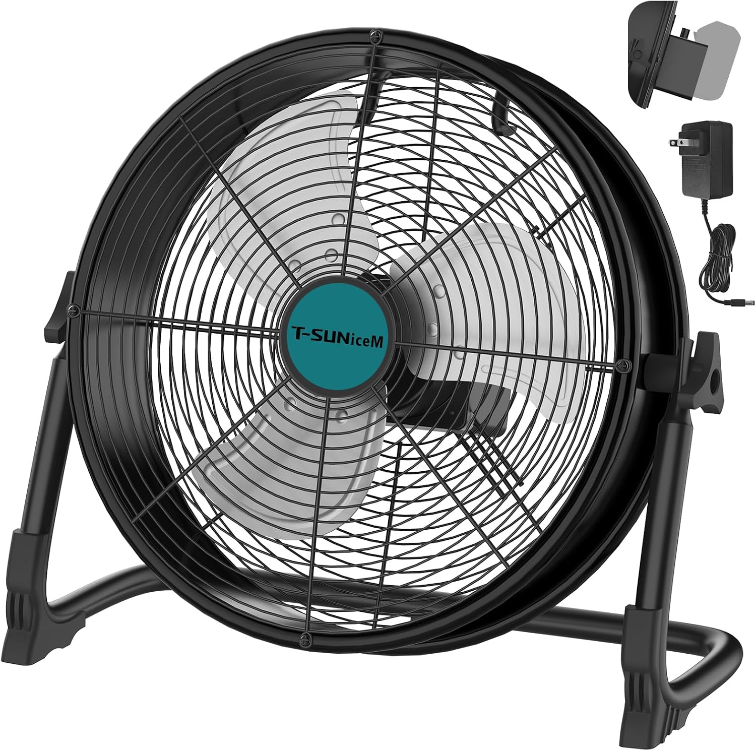 16' Battery Operated Floor Fan Compatible with Makita 18V Battery, Portable Fan with AC Adapter and USB Output, Metal Industrial High Velocity, Stepless Speed Cordless Fan for Jobsite Garage Camping