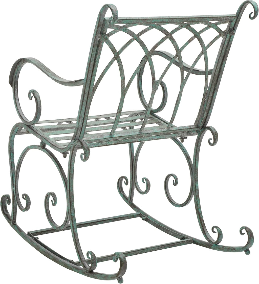 SAFAVIEH Outdoor - Medrano Iron Rocking Chair - Antique Dark Green Iron Metal - Vintage Ornate Scrollwork Design - Ideal for Patio, Deck, Porch, Garden, 15' Seat Height (PAT5030D)