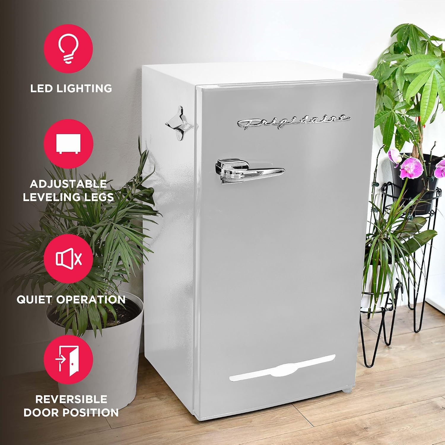 Frigidaire Retro Compact Fridge with Chiller, 3.2 cu ft Countertop Fridge with Built-In Bottle Opener, Compact Refrigerator for Office, Bedroom, Dorm Room or Cabin - 16.5'D x 19'W x 31'H (Moonbeam)
