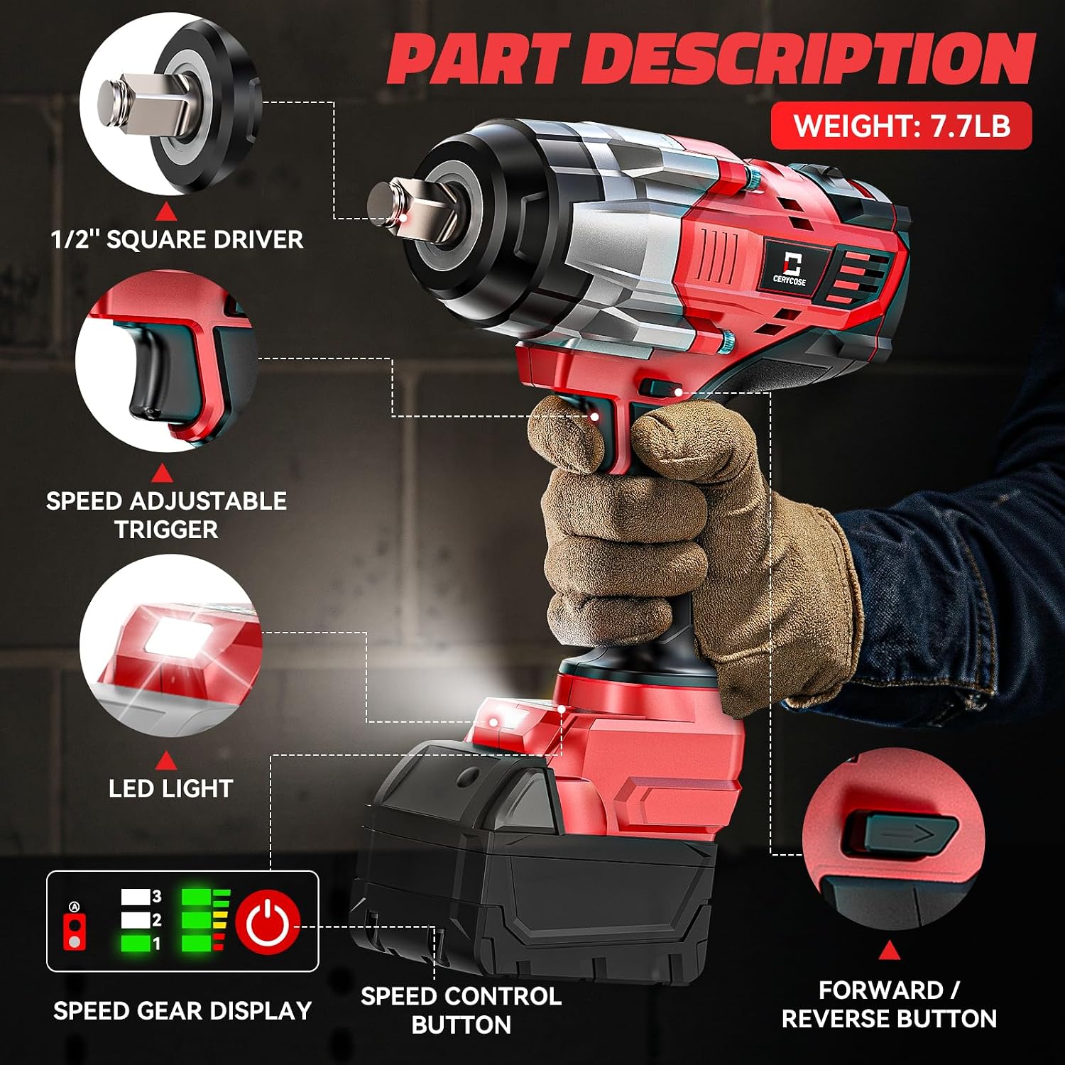 Cerycose Cordless Impact Wrench 1/2 inch Compatible with Milwaukee 18V Battery: 1700FT-LBS High Torque Impact Wrench with 6 Sockets & Case, Brushless Electric Impact Gun with LED Work Light, Bare Tool