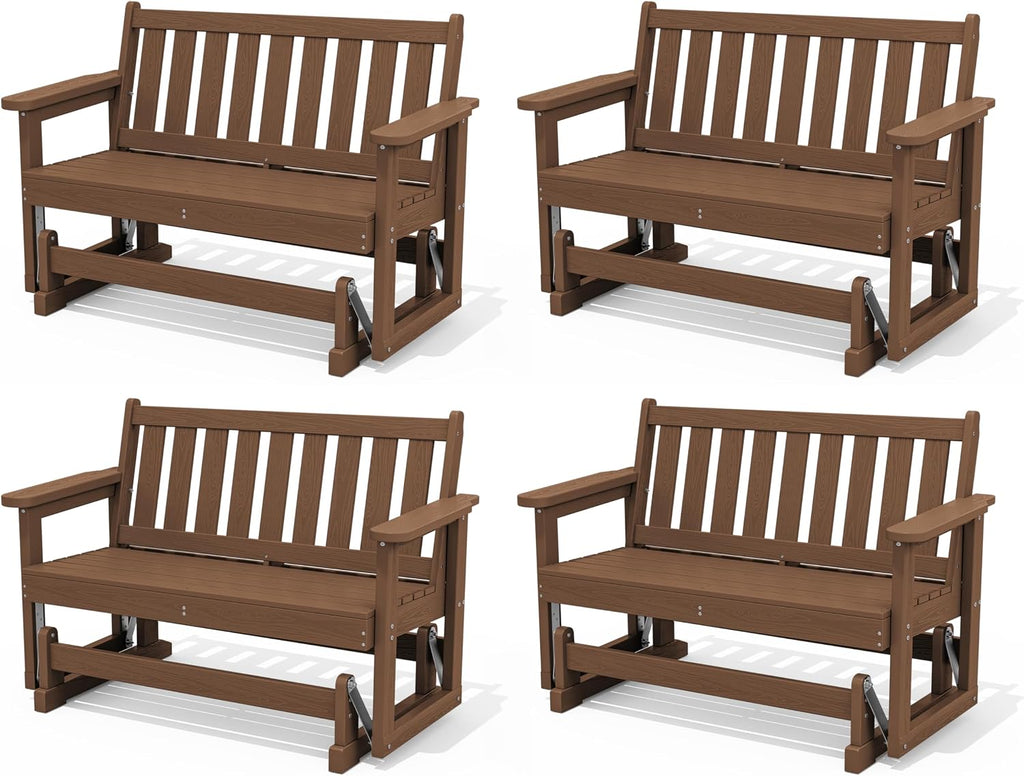 SERWALL Outdoor Glider Bench Set of 4, HDPE Weather-Resistant Swinging Bench for Backyard Garden Porch, Brown