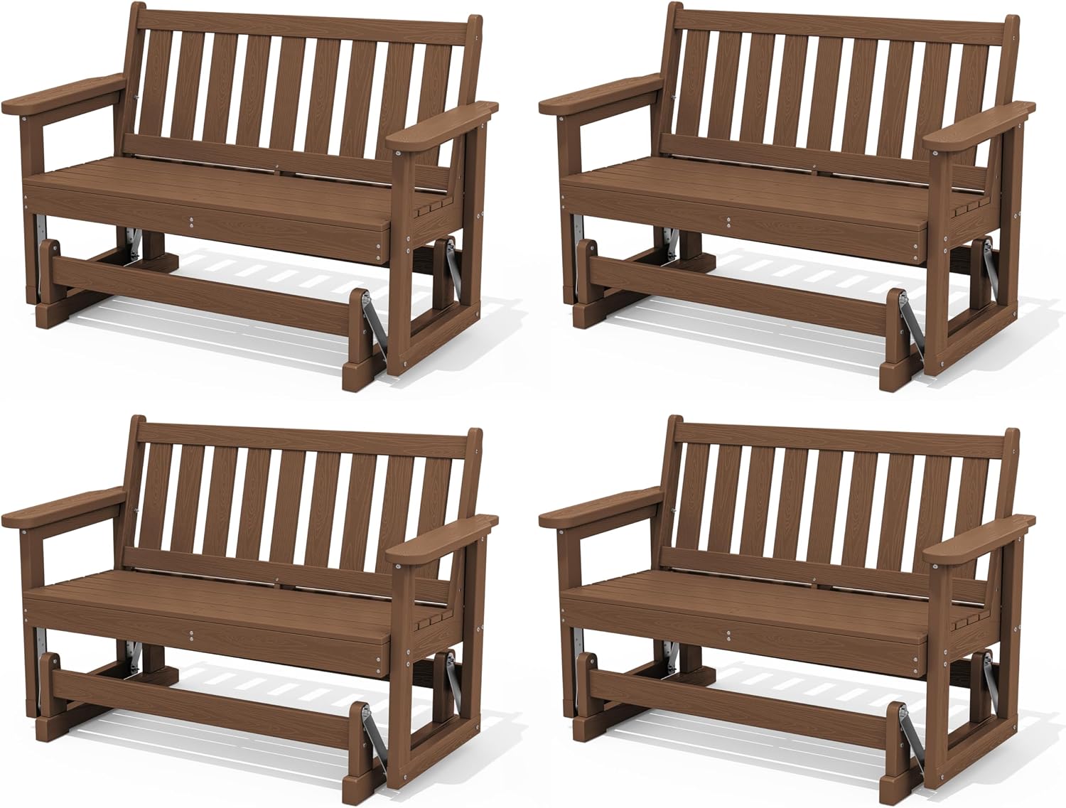 SERWALL Outdoor Glider Bench Set of 4, HDPE Weather-Resistant Swinging Bench for Backyard Garden Porch, Brown