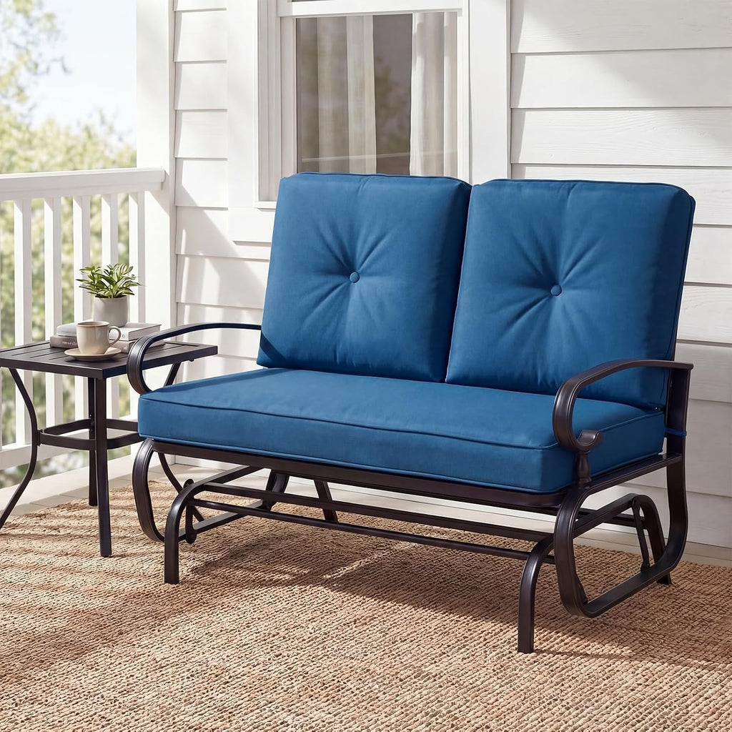 Giantex Outdoor Glider Bench, Patio 2 Person Loveseat with Removable Cushion, Thick Padded Seat, Stable Steel Frame, Outside Glider Swing Chair for Deck, Poolside, Yard, Porch Glider (Blue)