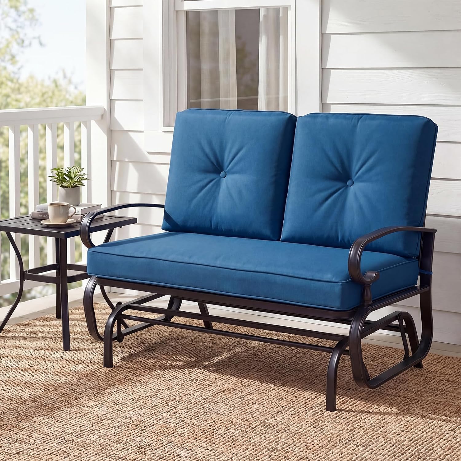 Giantex Outdoor Glider Bench, Patio 2 Person Loveseat with Removable Cushion, Thick Padded Seat, Stable Steel Frame, Outside Glider Swing Chair for Deck, Poolside, Yard, Porch Glider (Blue)
