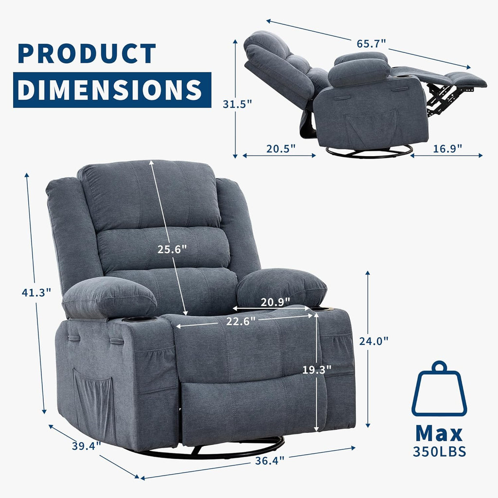 Rocking Recliner Chair for Adults Wide 360° Swivel Rocker Recliner with Cup Holder Nursery Glider with Upholstered Deep Seat Linen Lazy boy Chair for Living Room Blue