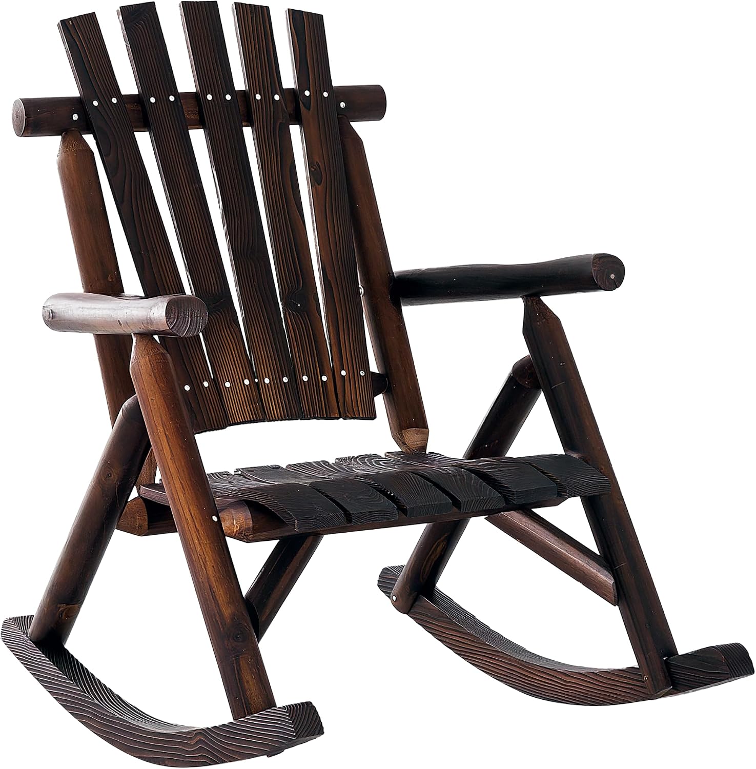 Outsunny Outdoor Wooden Rocking Chair, Single-Person Rustic Adirondack Rocker with Slatted Seat, High Backrest, Armrests for Patio, Garden and Porch, Brown