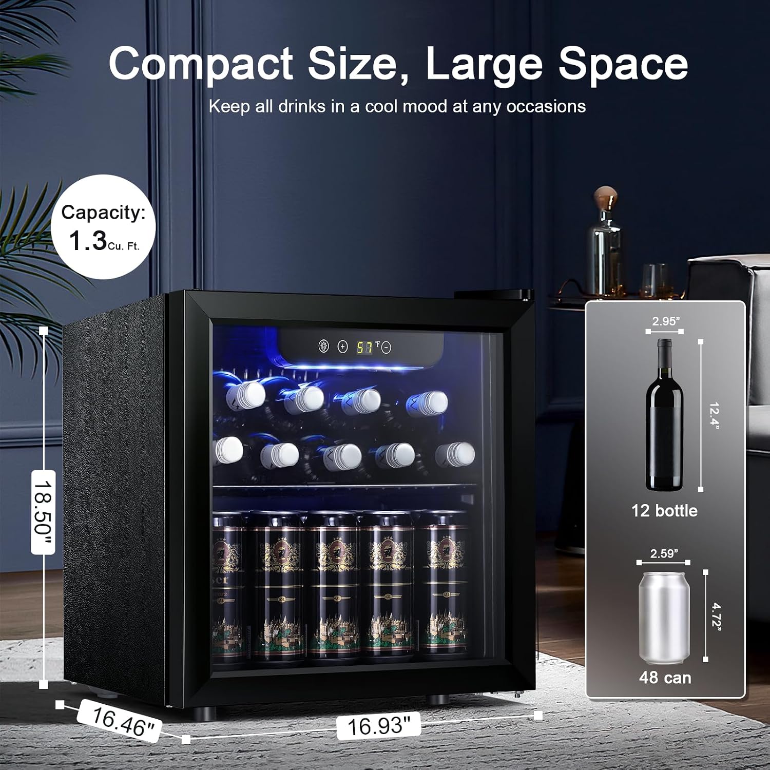 Antarctic Star 12 Bottle 48 Can Beverage Refrigerator Cooler - Mini Fridge Glass Door for Beer Soda Drinks or Wine,Freestanding Beverage Fridge for Home and Bar with Adjustable Shelving, 1.3 Cu. Ft.