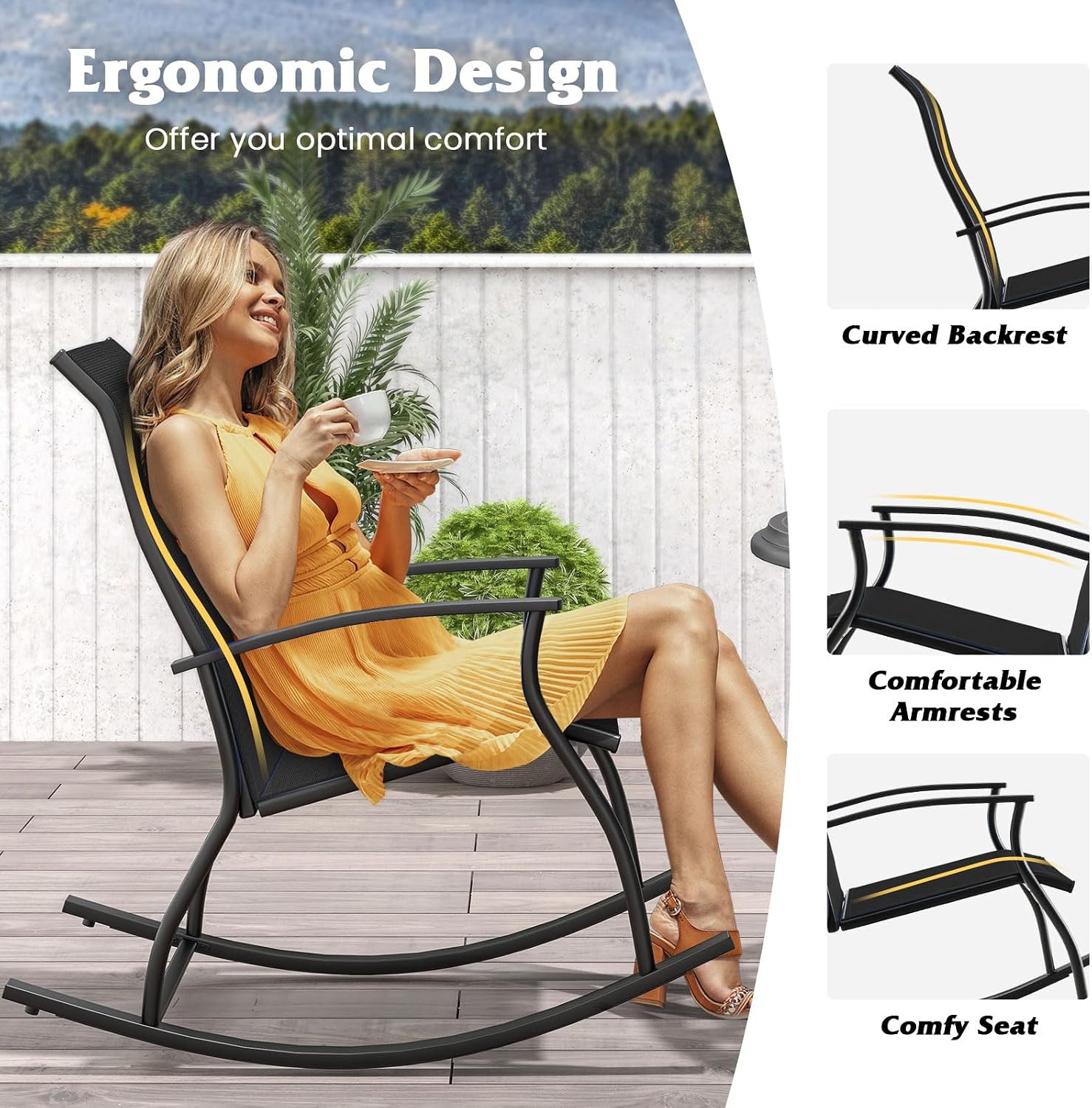 Giantex Outdoor Rocking Chair Set of 2 - Patio Rocking Chairs w/Breathable Backrest, Sturdy Metal Frame & Safe Ergonomic Design, Cozy Fabric Rocker for Backyard, Poolside, 330 lbs, Black