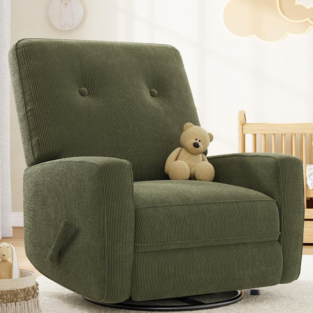 IDEALHOUSE Recliner Chair, 360° Swivel Rocking Glider Chair for Adults with Adjustable Backrest & Footrest, Cozy Corduroy Upholstered Armchair for Living Rooms, Bedrooms, Apartments, Green