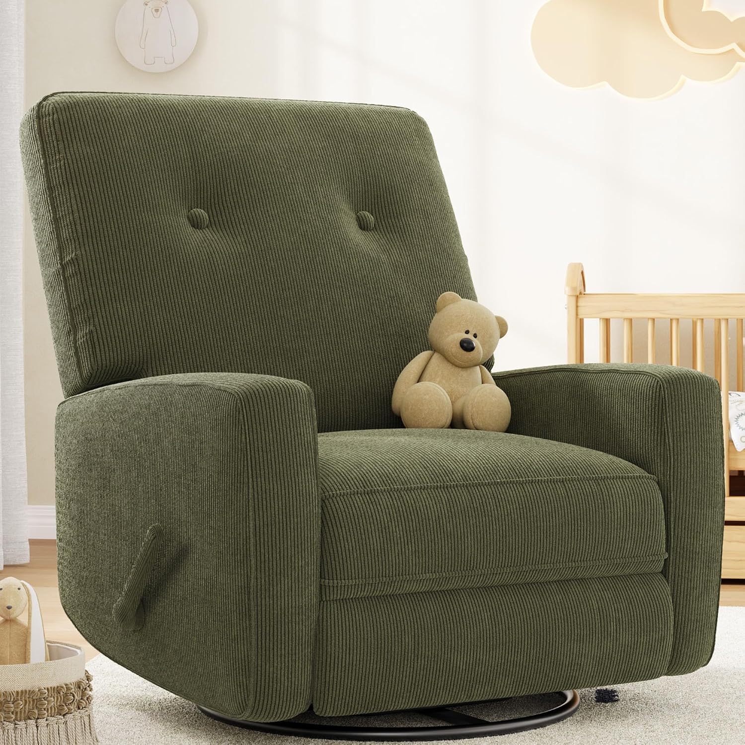 IDEALHOUSE Recliner Chair, 360° Swivel Rocking Glider Chair for Adults with Adjustable Backrest & Footrest, Cozy Corduroy Upholstered Armchair for Living Rooms, Bedrooms, Apartments, Green