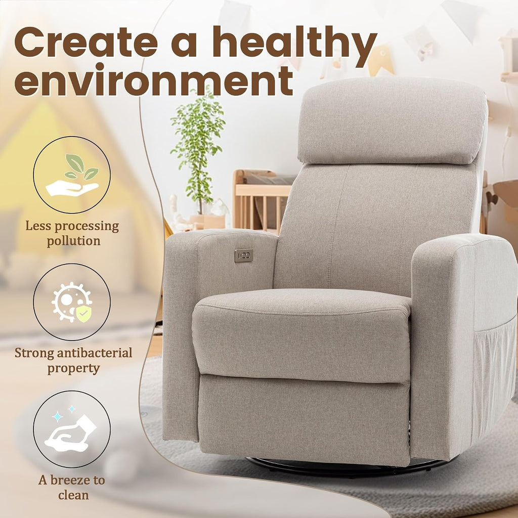 Korser Power Swivel Recliner Chairs for Adults, Electric Glider Rocking Chair Nursery, Glider Recliner Nursery Chair with Classified Side Pocket, Nursery Rocking Chairs with USB and Type-C Ports
