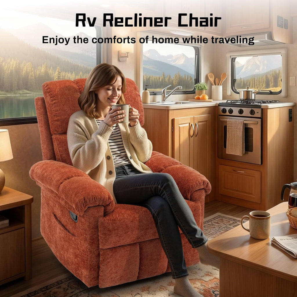 Korser Recliner Chair, Swivel Rocker Recliner Chair for Adults, Small Recliners for Small Spaces, Manual Recliner with Side Pockets, Upholstered Nursery Rocking Chair for Living Room, Chenille, Orange