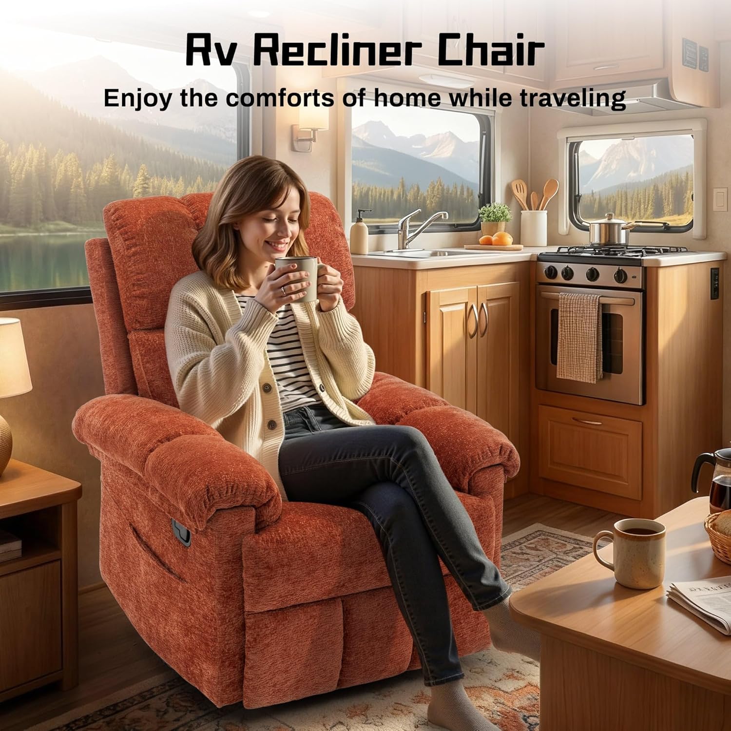 Korser Recliner Chair, Swivel Rocker Recliner Chair for Adults, Small Recliners for Small Spaces, Manual Recliner with Side Pockets, Upholstered Nursery Rocking Chair for Living Room, Chenille, Orange