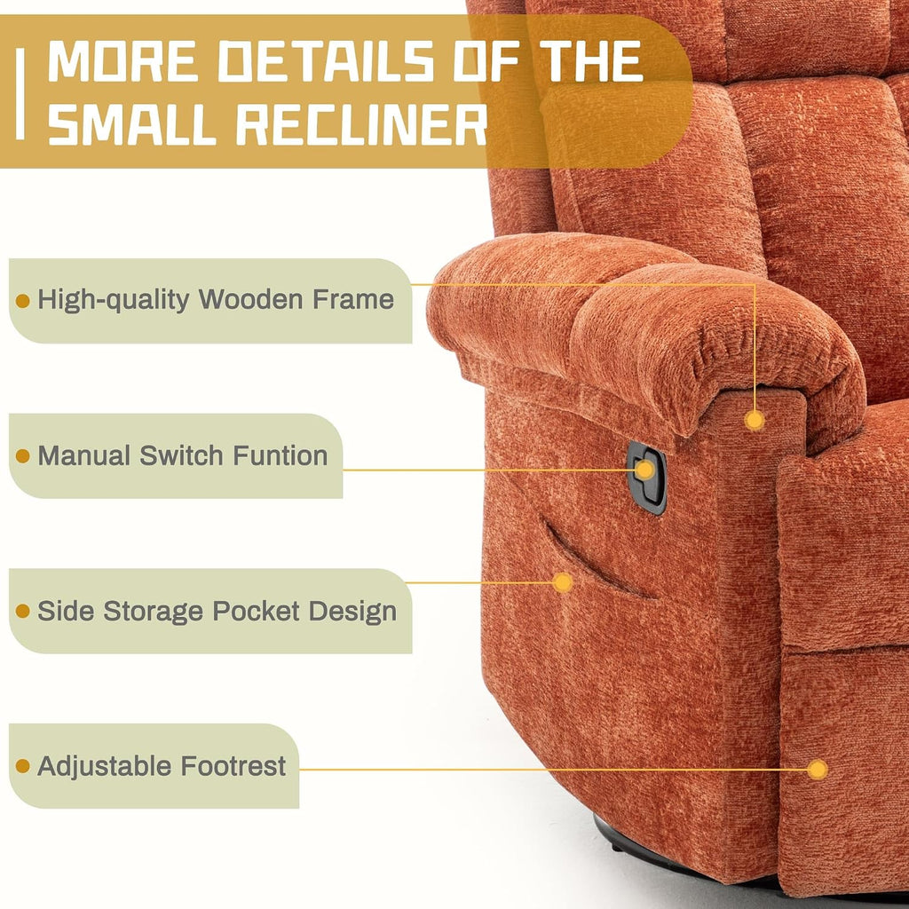 Korser Recliner Chair, Swivel Rocker Recliner Chair for Adults, Small Recliners for Small Spaces, Manual Recliner with Side Pockets, Upholstered Nursery Rocking Chair for Living Room, Chenille, Orange
