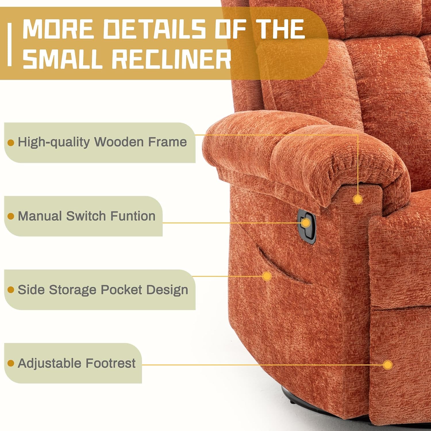 Korser Recliner Chair, Swivel Rocker Recliner Chair for Adults, Small Recliners for Small Spaces, Manual Recliner with Side Pockets, Upholstered Nursery Rocking Chair for Living Room, Chenille, Orange