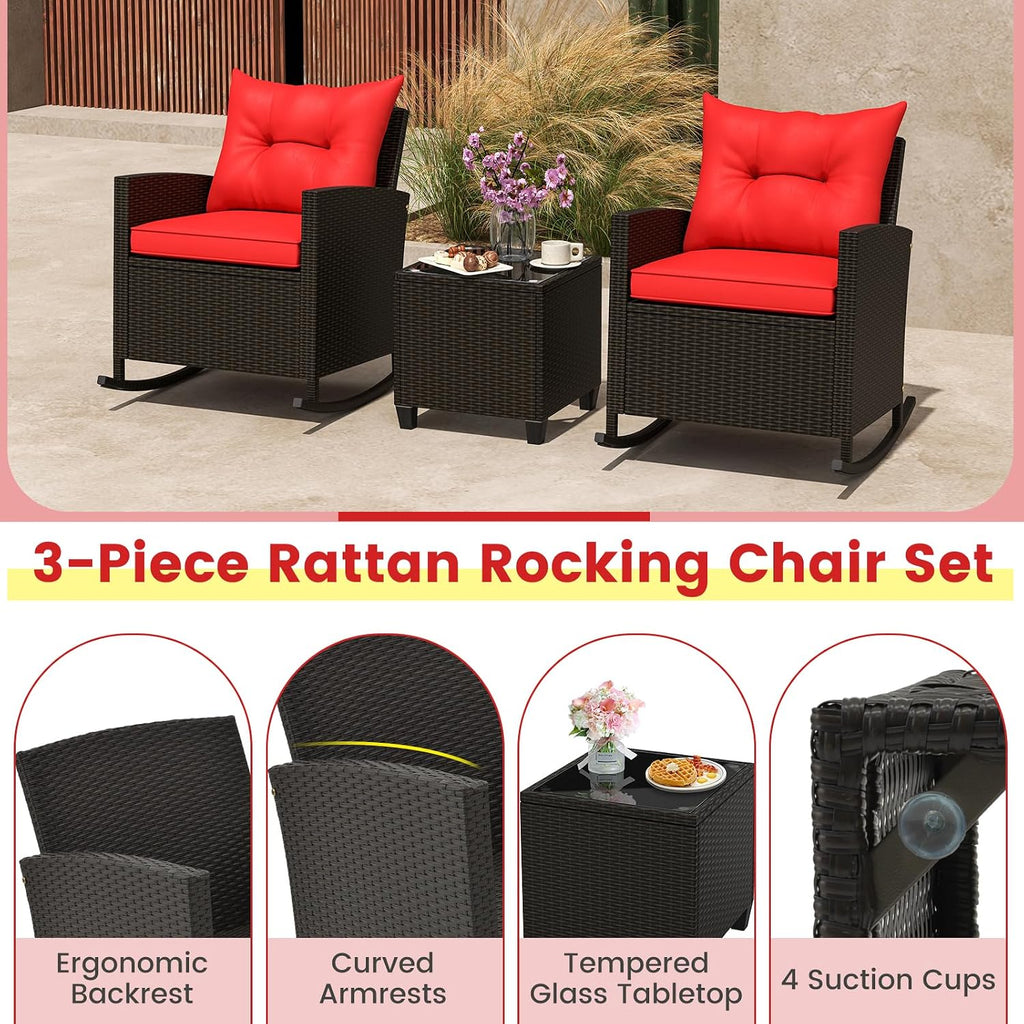 Tangkula 3 Piece Wicker Rocking Set, Patio Rattan Roker Chairs with Tempered Glass Table & Soft Cushions, Outdoor Furniture Set for Backyard, Poolside Porch (Red)