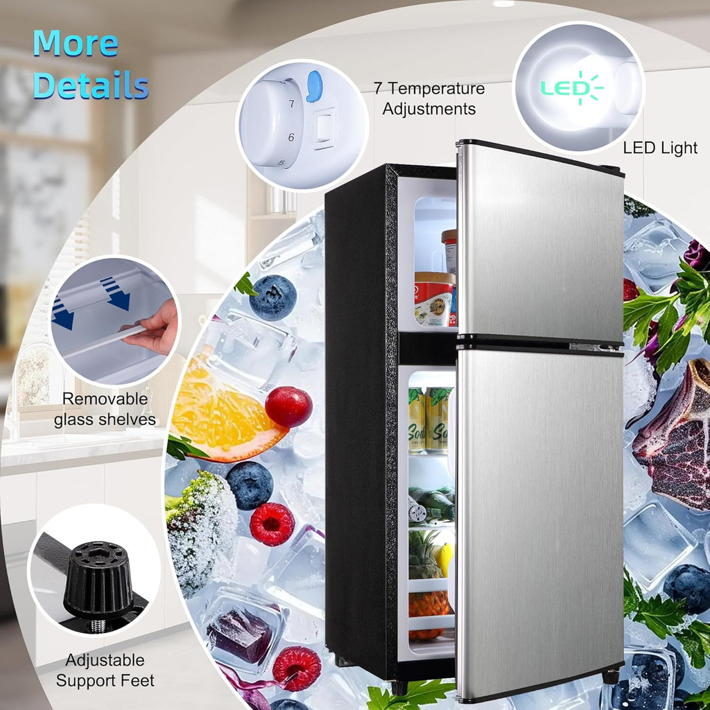 3.8 Cu. Ft Mini Fridge with Freezer, 2 Door Mini Refrigerator with 7 Adjustable Thermostat & Adjustable Glass Shelves, Compact Mini Fridge for Home, Apartment, Office, Silver