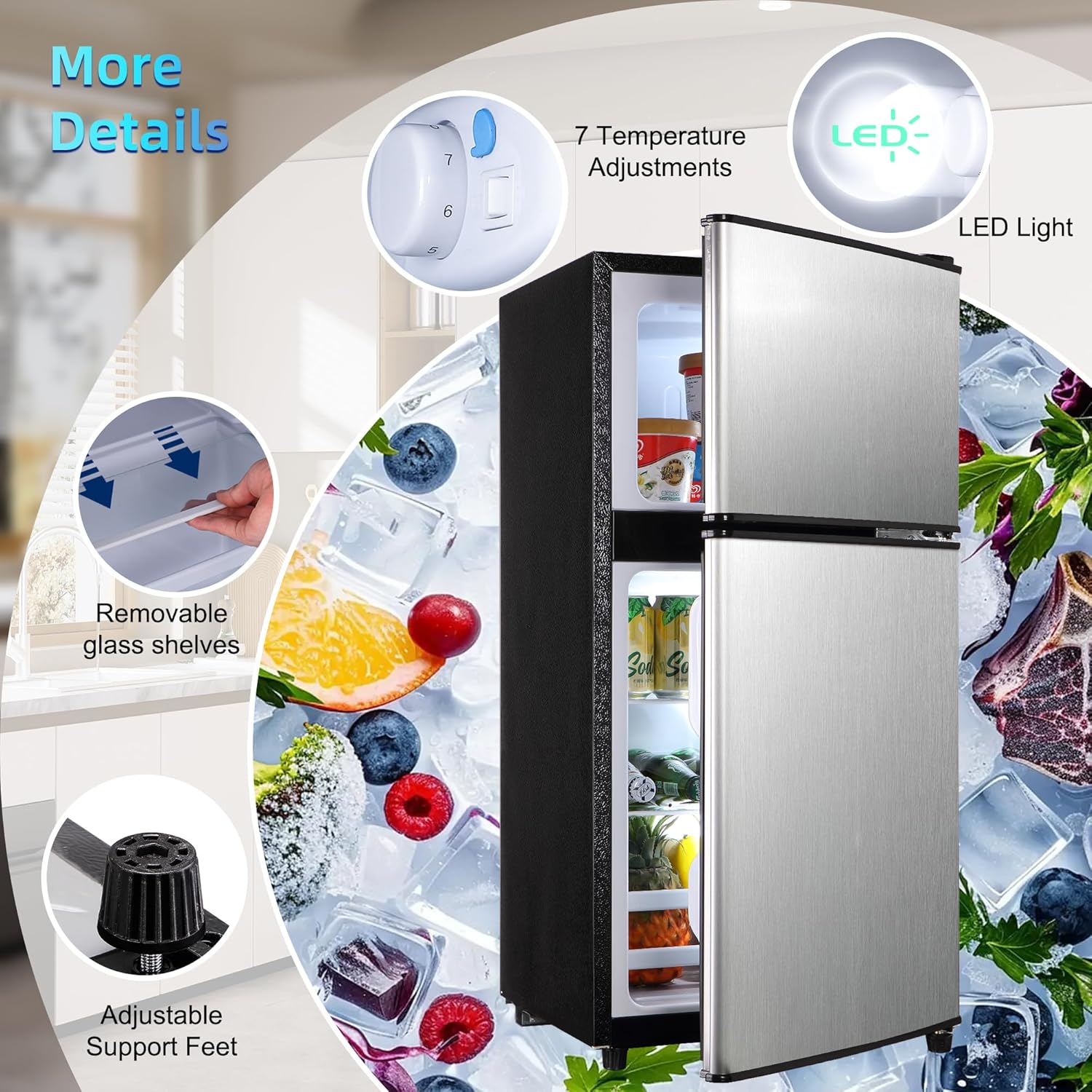 3.8 Cu. Ft Mini Fridge with Freezer, 2 Door Mini Refrigerator with 7 Adjustable Thermostat & Adjustable Glass Shelves, Compact Mini Fridge for Home, Apartment, Office, Silver